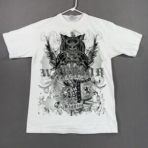 Men 3X Shirt Warrior Embroidered White Pullover Crew Neck Grunge Y2K Short Sleev